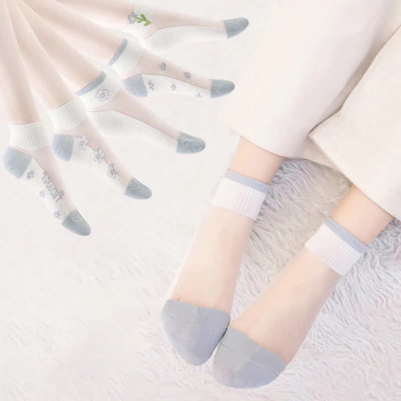5/10 Pairs Flower PatternThin Short Socks Spring Summer Sweat Absorbing Breathable Comfortable Durable Sweet Style Casual Socks