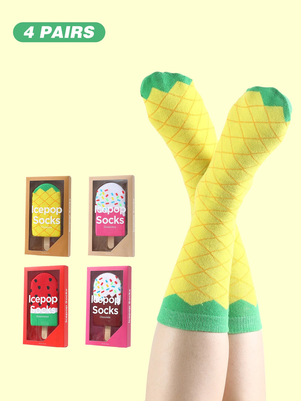 4 pair of mid-calf unisex socks in a novelty ice cream design, a unique and interesting festive gift.